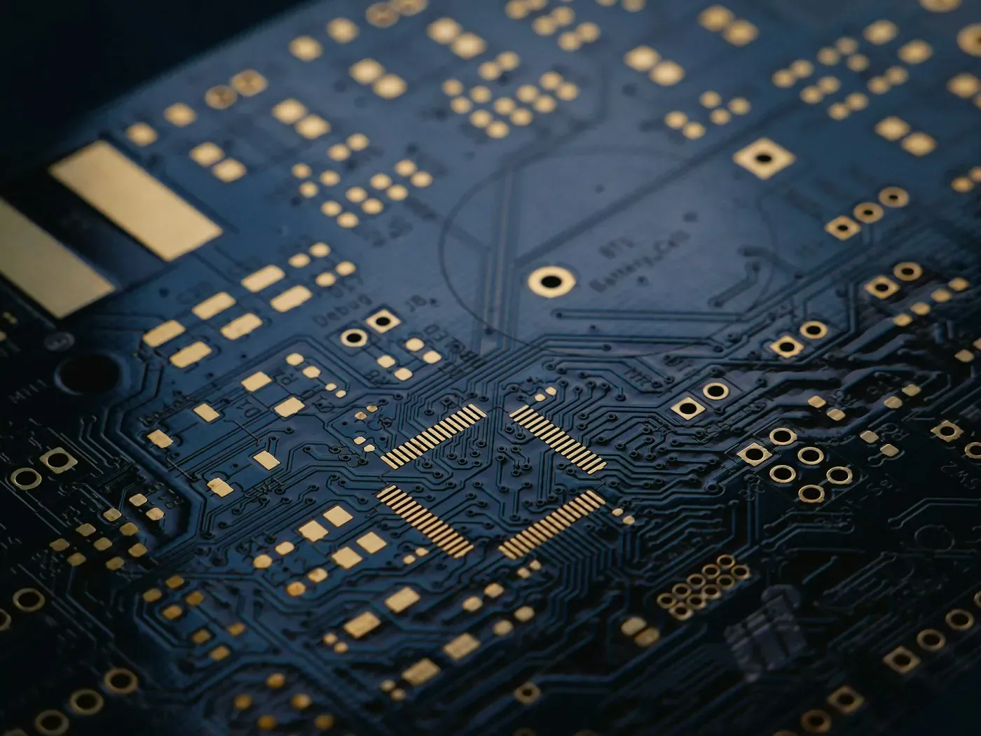 금색 접점이 정렬된 짙은 청색 PCB 기판